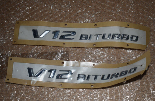 2x Original Mercedes V12 Biturbo Aufkleber Chrom Schriftzug